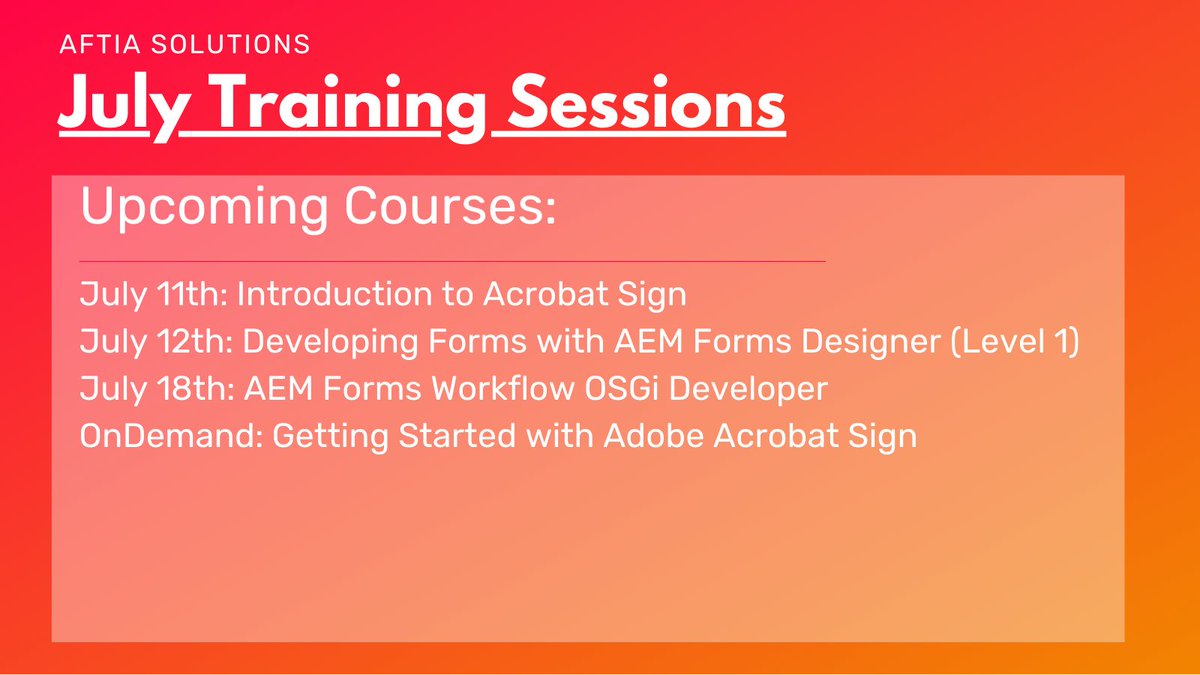 We have plenty of AEM Forms and Acrobat Sign courses available this summer! Register your team and equip them with the knowledge they need to use these powerful tools.

Register here: lnkd.in/ddjSYrp

#AEM #Adobe #Acrobat #eSign