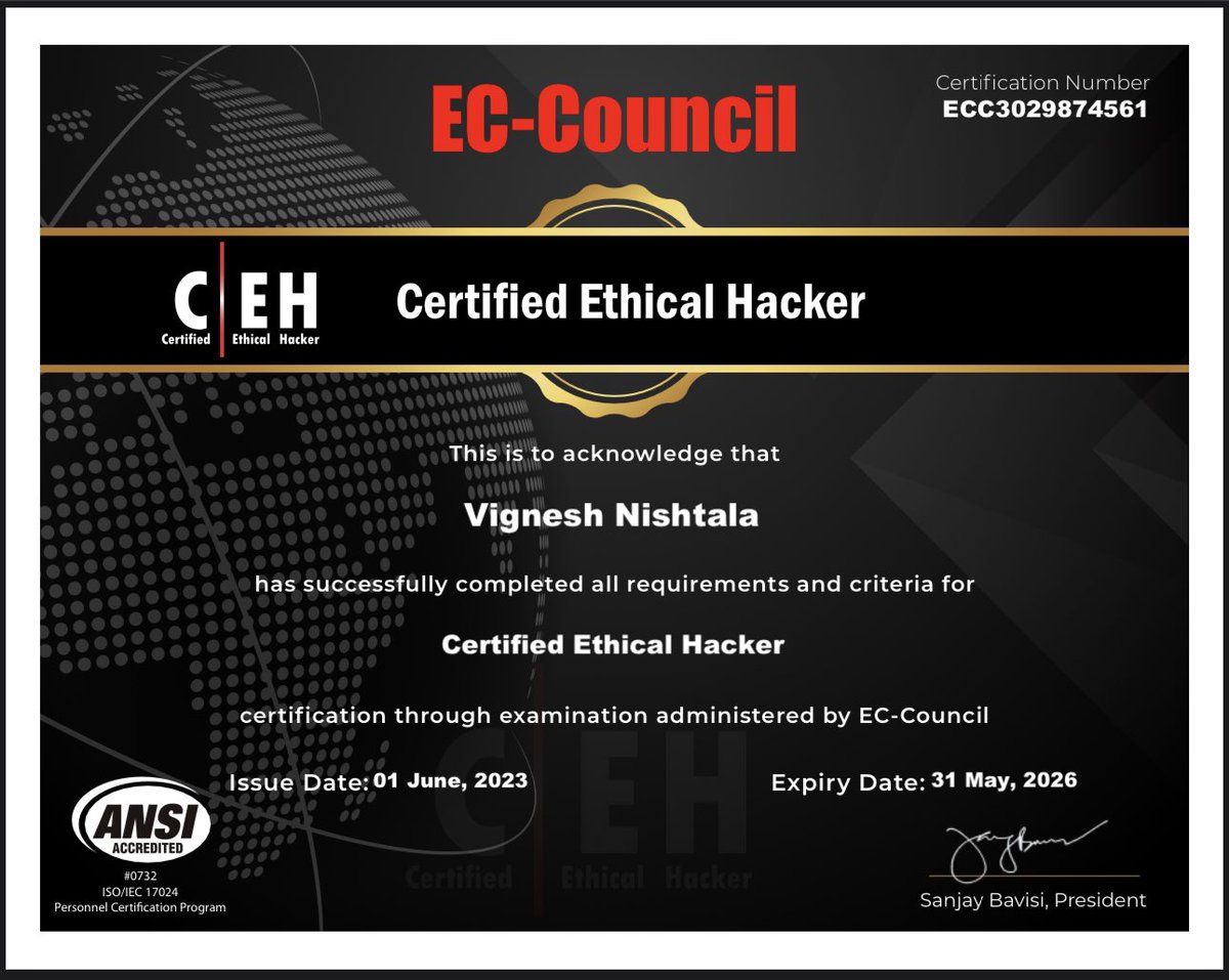 Gladiator from Hackers University, APC Learning Solutions  Congratulations Vignesh Nishtala🎊🎊💐💐💐, you have successfully completed the CEHv12 Certified Ethical Hacker #cehv12 #cehv12 #cehtraining #cybersecurity #cehonlinetraining #SAP #sapsf #sapfico #sapmm #SAPSD  #Azure