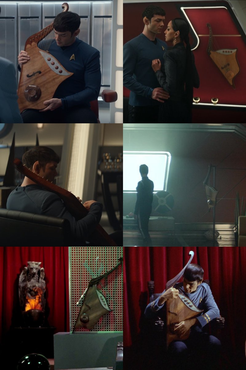 gaghyogi49's tweet photo. While Spock's Vulcan lute was already seen in his quarters in "Spock Amok"↗️ and #StarTrekDiscovery's "Brother"➡️, he's seen playing it for the first time in #StarTrekStrangeNewWorlds' "The Broken Circle"↖️⬅️, just like on #StarTrekTOS ("Amok Time"↘️, "The Way to Eden"↙️). https://t.co/aY6nld5MQP