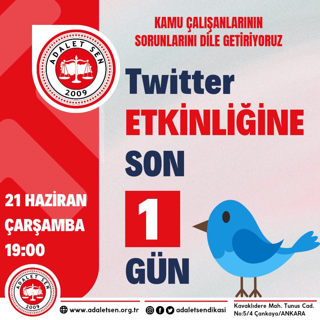 TWİTTER ETKİNLİK DUYURUSU!

 📢  Yaşanılan ekonomik kayıpların telafisi ve önümüzdeki toplu sözleşmede yapılması gerekenler ile atılması gereken adımların dile getirileceği Tüm Memurları kapsayan büyük twitter etkinliği düzenlenecektir. 

 📅 21.06.2023 – Çarşamba  günü 

 ⏰