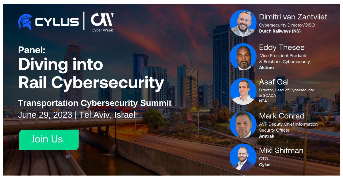 Cylus_Security's tweet image. Join the Transportation Cybersecurity Summit on June 29 in Tel Aviv as part of Cyber Week 2023! Explore rail cybersecurity with top experts. Secure your spot: eu1.hubs.ly/H048qHx0. #CyberWeek2023 #RailCybersecurity #Cybersecurity #TelAviv