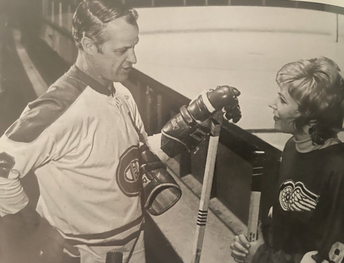 In honour of Anne Murray's birthday, here she is wearing a Detroit Red Wings jersey, talking to Gordie Howe, who is wearing a Canadiens jersey. 
This was for a CBC television special filmed at the Montreal Forum in 1971.

I submit this as one of the most Canadian photos ever.