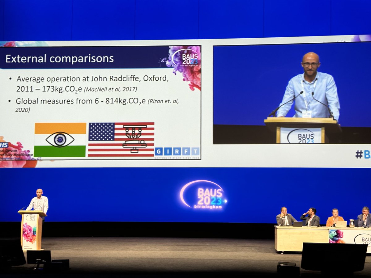 Sustainability in surgery is a large theme at #BAUS2023. CO2 emissions in surgery vary widely per case and country with developing nations performing better overall than UK/US ⁦@BAUSurology⁩