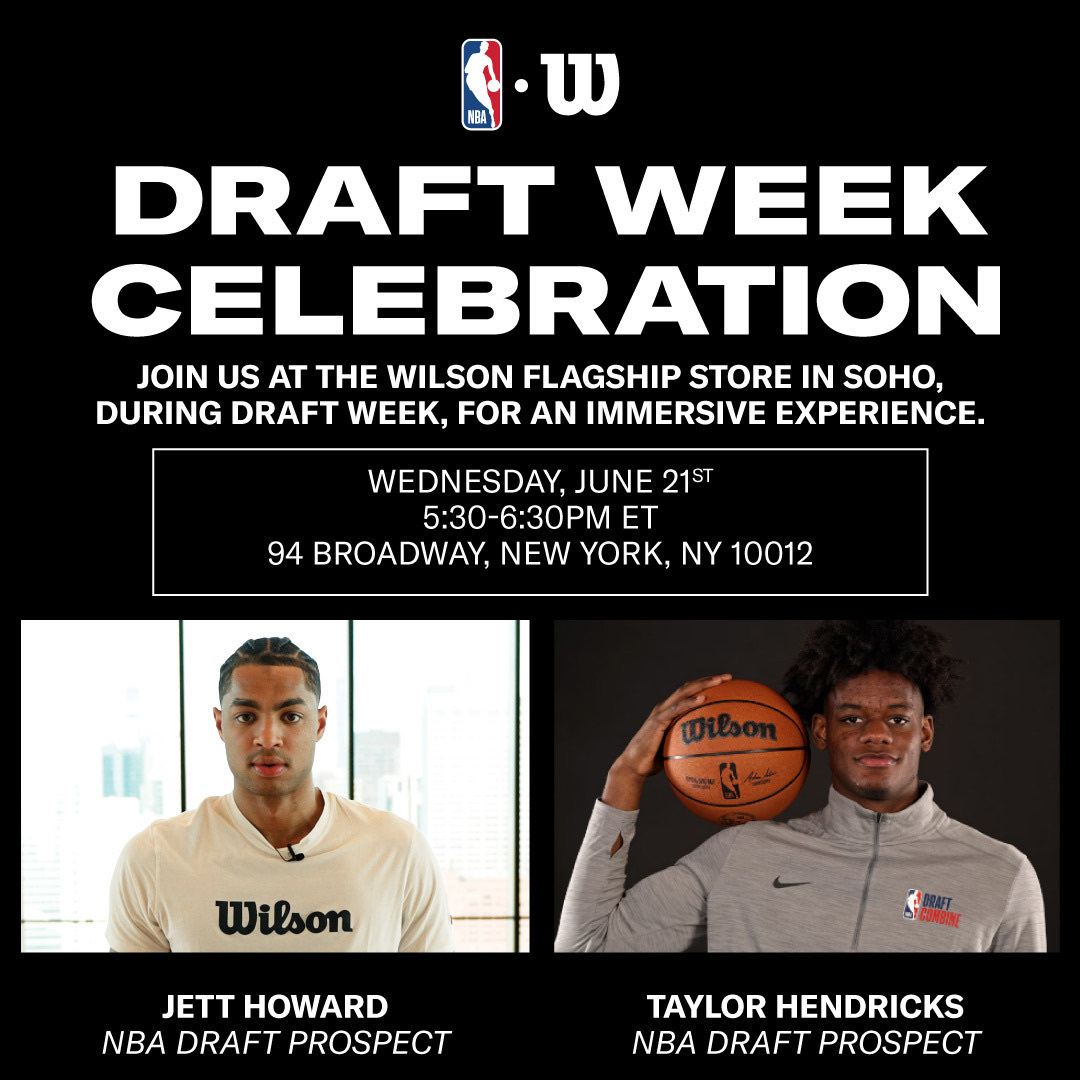 Wilson Basketball (@wilsonbasktball) on Twitter photo If youโre in NYC for the #NBADraft this week, join us at our Wilson Flagship store tomorrow in SoHo, to hangout with <a href="/NBADraft/">NBA Draft</a> prospects <a href="/JettHoward5/">Jett Howard</a> & <a href="/tayxhendricks/">Taylor Hendricks</a>!
For more information, tap the link below!
#WilsonBasketball #BondedByBall
- -
โก๏ธ: bit.ly/MeetAndGreetNBโฆ If youโre in NYC for the #NBADraft this week, join us at our Wilson Flagship store tomorrow in SoHo, to hangout with <a href="/NBADraft/">NBA Draft</a> prospects <a href="/JettHoward5/">Jett Howard</a> & <a href="/tayxhendricks/">Taylor Hendricks</a>!
For more information, tap the link below!
#WilsonBasketball #BondedByBall
- -
โก๏ธ: bit.ly/MeetAndGreetNBโฆ