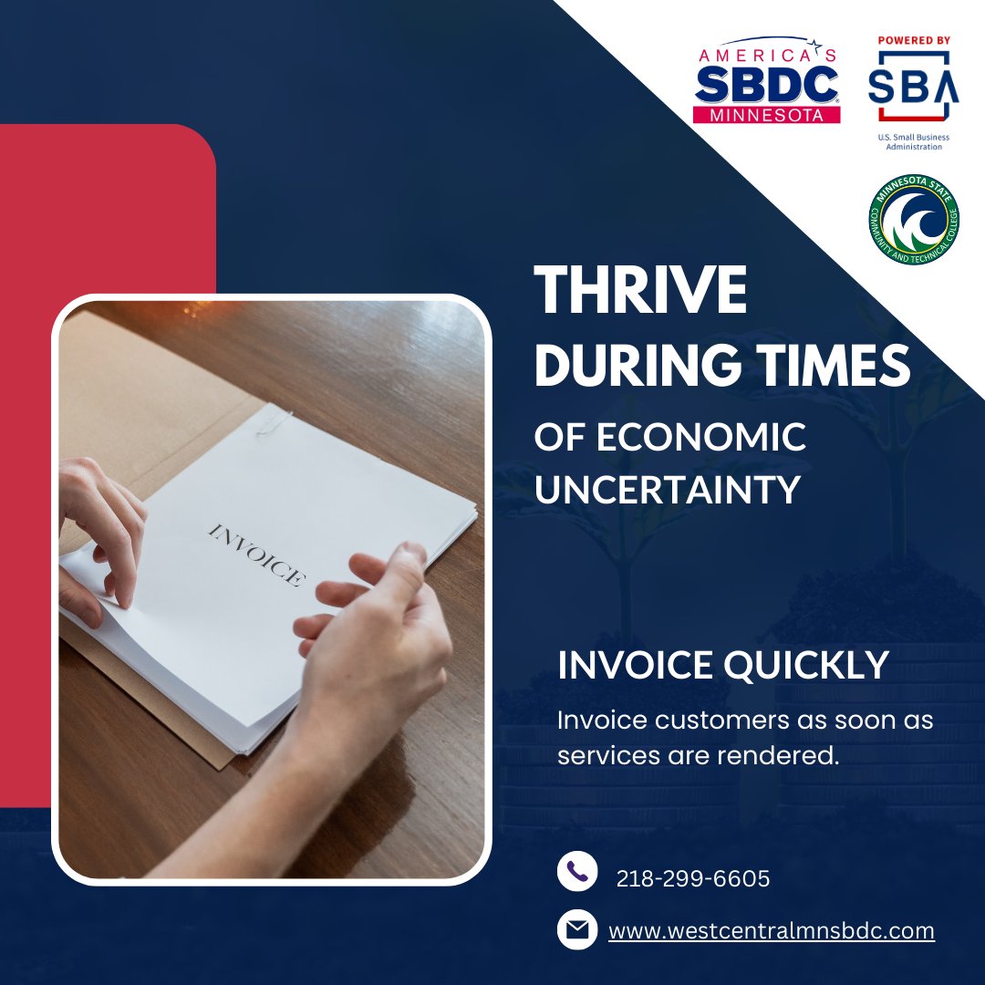 MnSBDC's tweet photo. Get paid more quickly by sending out invoices as soon as your work is done. This will help you to avoid unnecessary stress at the end of the month. 
#smallbusiness #MNSBDC https://t.co/cgEU8dtt8v