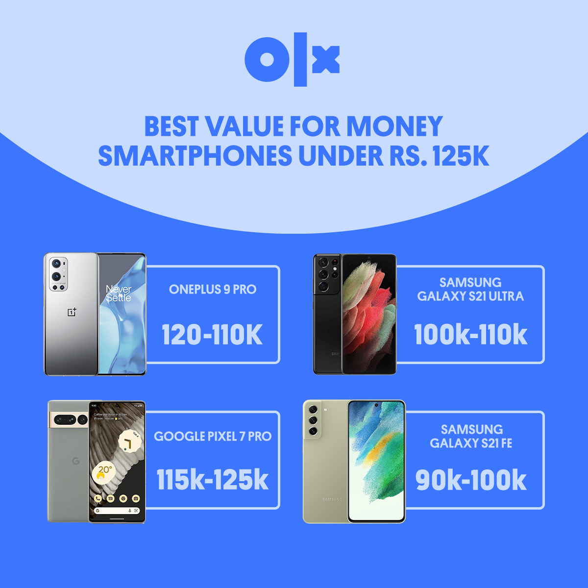 OLX_Pakistan's tweet image. Here are the best value-for-money smartphones you can buy for under 125,000 in Pakistan. 

Buy Smartphones on OLX: bit.ly/3Iy44Eu

#usedphones #flagshipphone #oneplus9pro #samsungs21ultra #googlepixel7pro #galaxys21fe