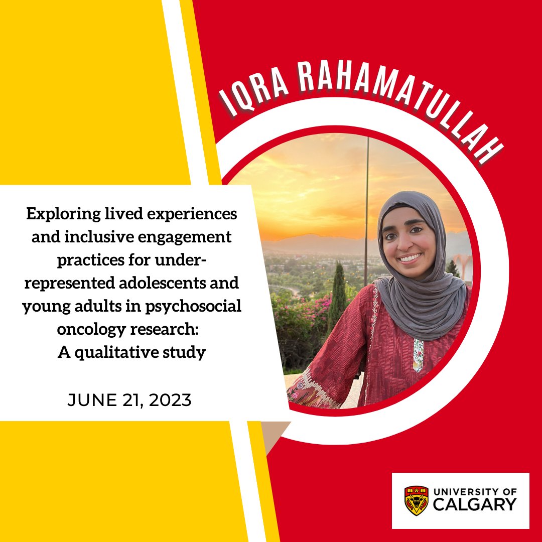 UCalgary Psychosocial Oncology (@ucalgarypsyonc) on Twitter photo Iqra Rahmatullah will be presenting:
"Exploring lived experiences and inclusive engagement practices for under-represented adolescents and young adults in psychosocial oncology research: A qualitative study"
<a href="/CARE4Kids_YYC/">Psychosocial Care4Kids</a> <a href="/UCalgaryMed/">UCalgaryMedicine</a> <a href="/SchulteFiona/">Fiona Schulte, PhD</a> <a href="/CAPO_ACOP/">CAPO</a> #CAPO2023 Iqra Rahmatullah will be presenting:
"Exploring lived experiences and inclusive engagement practices for under-represented adolescents and young adults in psychosocial oncology research: A qualitative study"
<a href="/CARE4Kids_YYC/">Psychosocial Care4Kids</a> <a href="/UCalgaryMed/">UCalgaryMedicine</a> <a href="/SchulteFiona/">Fiona Schulte, PhD</a> <a href="/CAPO_ACOP/">CAPO</a> #CAPO2023