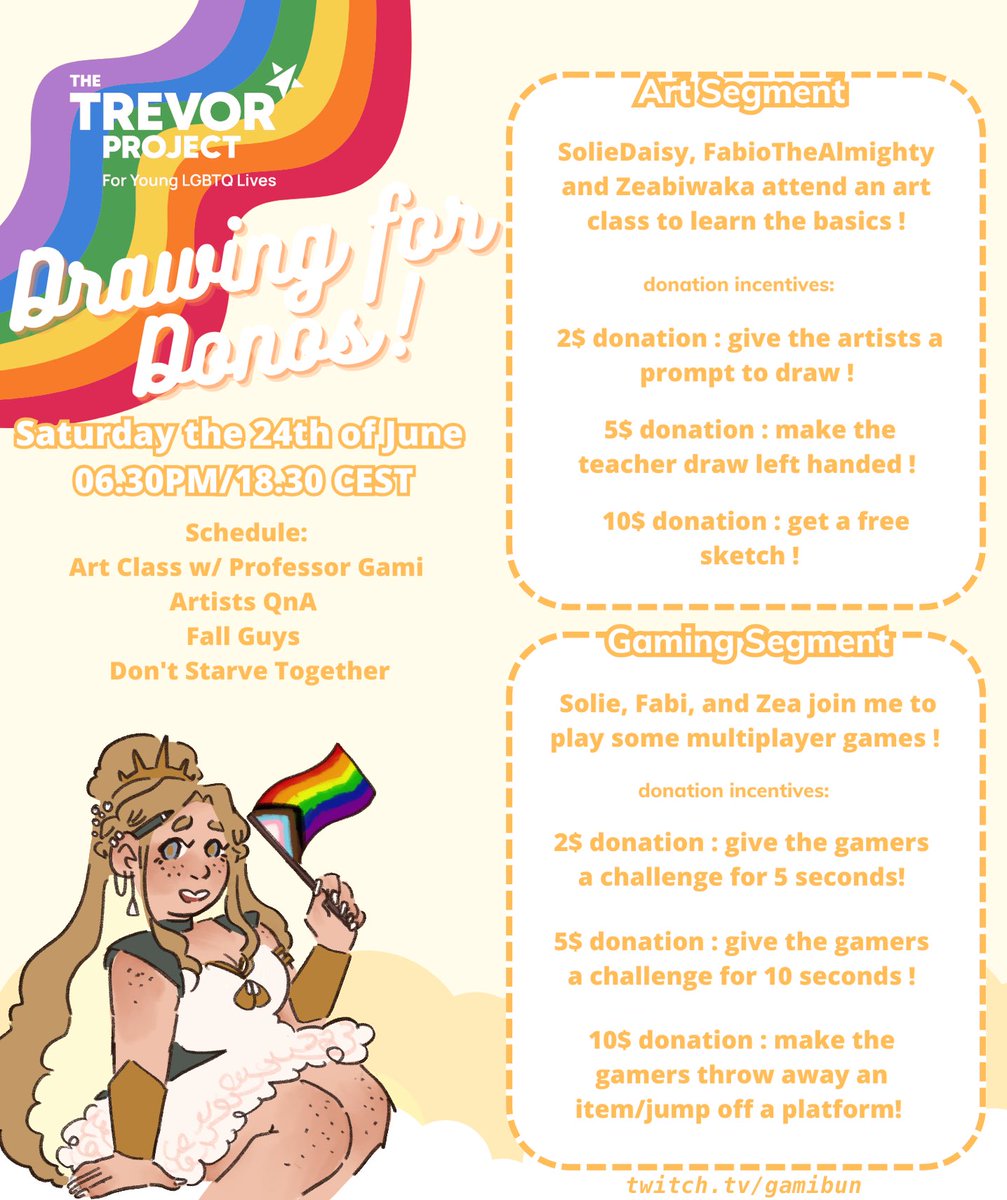 Please join me Saturday the 24th of June at 630PM CEST I will be hosting Drawing for Donos ! a charity art and gaming stream to raise funds for <a href="/TrevorProject/">The Trevor Project</a> !!
