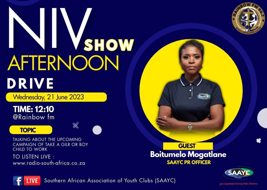 [ON AIR] Join us on @Rainbowfm_907🎙️ live in studio  tomorrow with @itumogotlane (PR & Comms Officer). We will be talking more on Youth Month campaigns & @SAAYC1 Trainings.
Tune in tomorrow, 21 June 2023 @ 12:10 pm 🕰 

#SAAYC
#YouthMonth
