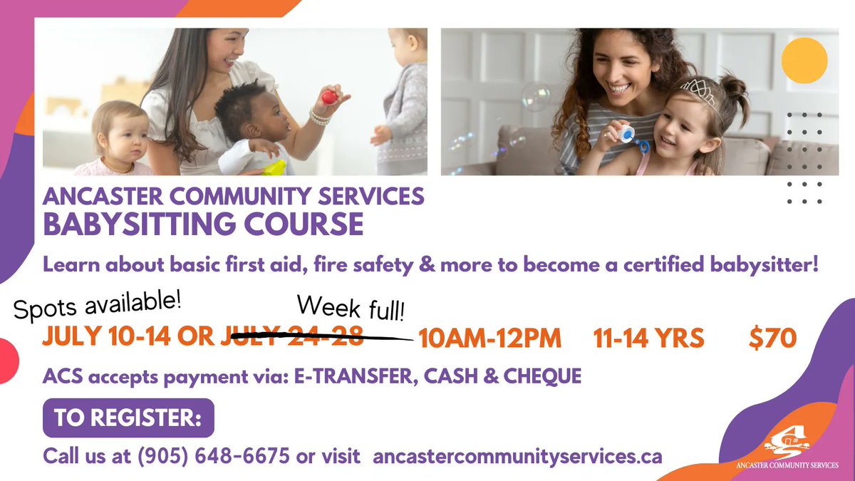AncasterCommSer's tweet photo. WEEK 2 IS NOW FULL! Spots are still available for Week 1 of the 2023 #BabysittingCourse, running July 10-14! 🍼 This fun and interactive course teaches students all about important topics such as basic first aid, fire safety & more! ✨
Sign up now: https://t.co/odg7zTBtFZ https://t.co/KHBMSvGLgJ
