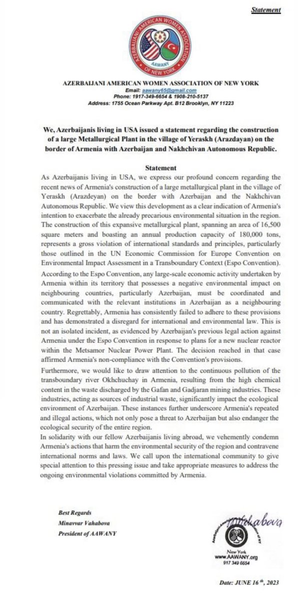 LindseySnell's tweet photo. The Azerbaijani-American Women's Society asks int’l organizations to “undermine Armenia's next environmental sabotage,” referring to the metallurgical plant being built in Yeraskh.

Azerbaijan has been shelling and firing on the site regularly, including today. Very eco-friendly. https://t.co/jXXmi3FvvT