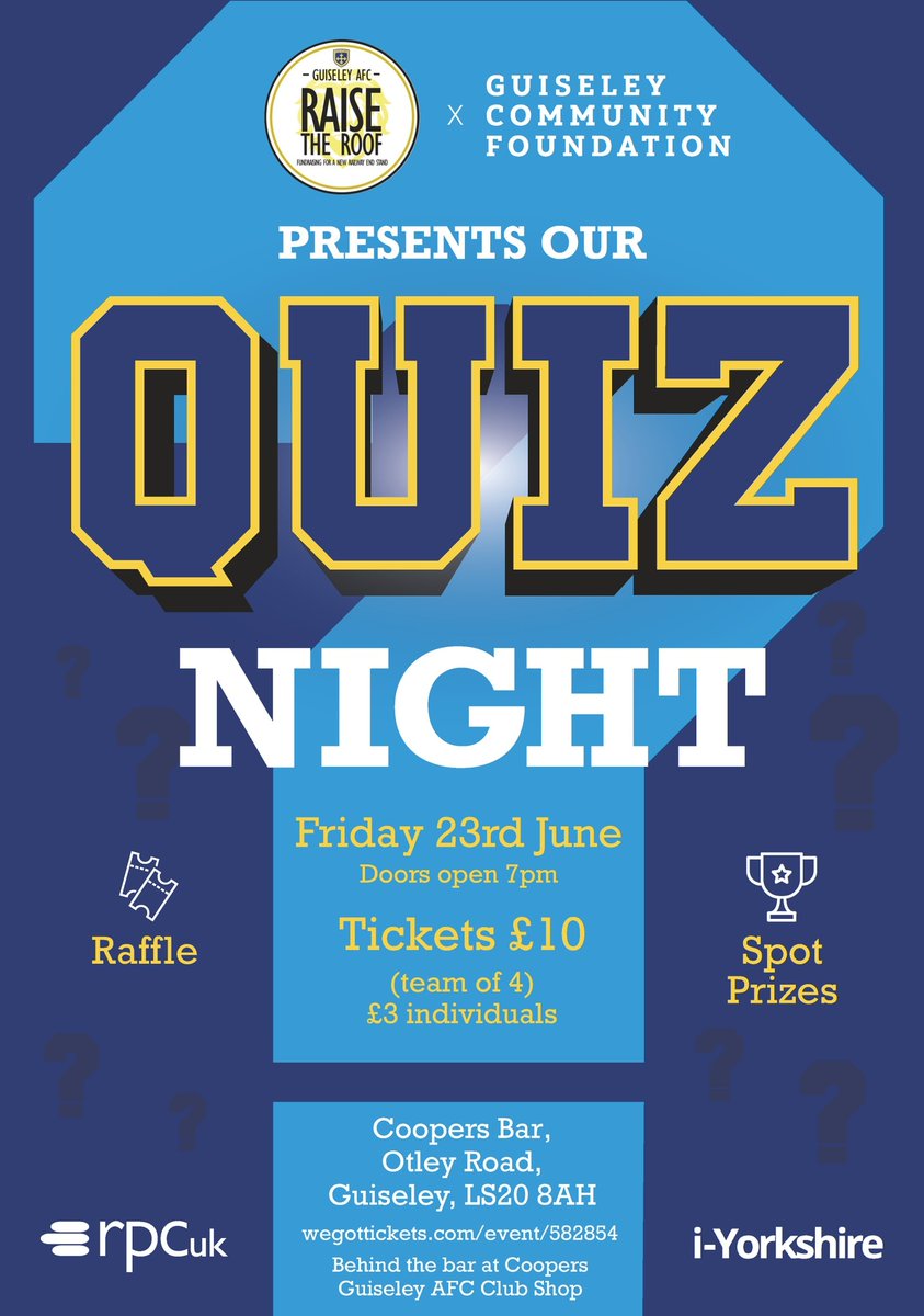 Guiseley AFC (@guiseleyafc) on Twitter photo 🦁 | There's just a couple of days to go until <a href="/RaiseGAFCRoof/">Raise The Roof Guiseley AFC</a> and <a href="/GAFCCommunity/">GAFC Community</a>'s Quiz Night at Coopers.
There's a range of spot prizes and much more, tickets can be purchased on the night or online now: wegottickets.com/event/582854/
#GAFC #GuiseleyTogether 🦁 | There's just a couple of days to go until <a href="/RaiseGAFCRoof/">Raise The Roof Guiseley AFC</a> and <a href="/GAFCCommunity/">GAFC Community</a>'s Quiz Night at Coopers.
There's a range of spot prizes and much more, tickets can be purchased on the night or online now: wegottickets.com/event/582854/
#GAFC #GuiseleyTogether
