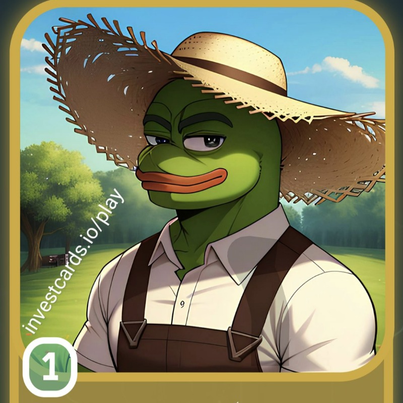 Claim this Legendary Farmer $PEPE card now at investcards.io/play 🌟💚 No more than 100 will be made available. This card is free to claim can be sold for Gems, Investcards trading currency. 💎 If you like this card please follow @investcardsio for more in the future! 💯