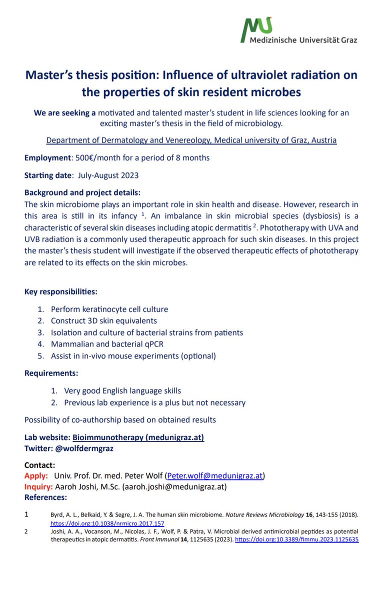 Are you passionate about research? Ready to take your academic journey to the next level? 🎯 We are hiring a Master's Thesis student! 🎓🔬
📝 Topic: Influence of ultraviolet radiation on the properties of skin resident microbes
Duration: 6-8 months
#masterthesis
#research