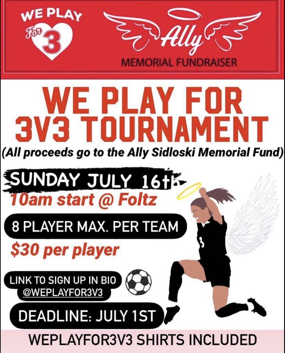 AS3soccer's tweet photo. Our 2nd Annual We Play For 3v3 Tournament is happening on Sunday July 16. Event is for HS age and above. Both Male and Female divisions. Spots fill up fast, please register ASAP via link below. #weplayfor3 

https://t.co/MX1zjJ4UGv https://t.co/3VPEFhQoVx
