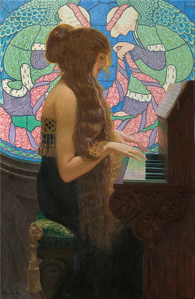 Edward Okuń (1872–1945) was a Polish Art Nouveau painter and freemason. He painted landscapes, portraits, designed covers and illustrated magazines, including the German magazine Jugend.
Sacred music-1915