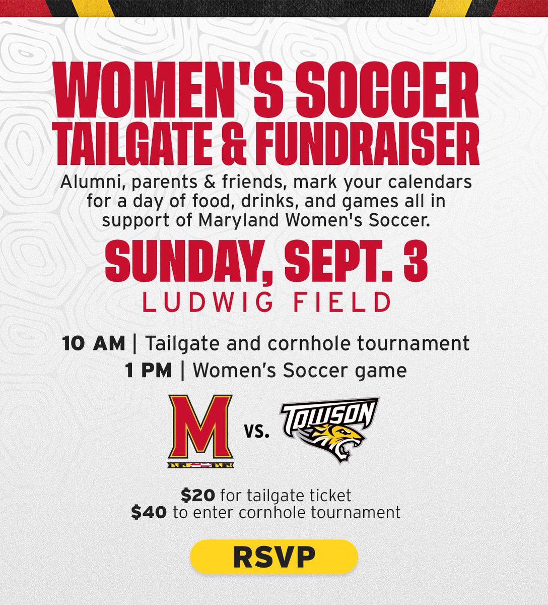 Join us on Sept. 3 at Ludwig Field for a Women's Soccer Tailgate & Fundraiser! Enjoy food, drinks, games, and support Maryland Women's Soccer. Tailgate and cornhole tournament start at 10 AM, followed by the match against Towson at 1 PM. $20 for tailgate ticket, $40 for cornhole. https://t.co/qPcbskfDR9