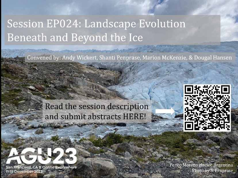If #geomorphology across or near #icylandscapes is your jam, check out session #EP024 at #AGU23. We welcome abstracts that explore the relationship between the #cryosphere and #landscapeevolution! 🏔️❄️💧 

Abstract submission deadline is Wednesday August 2nd, 2023