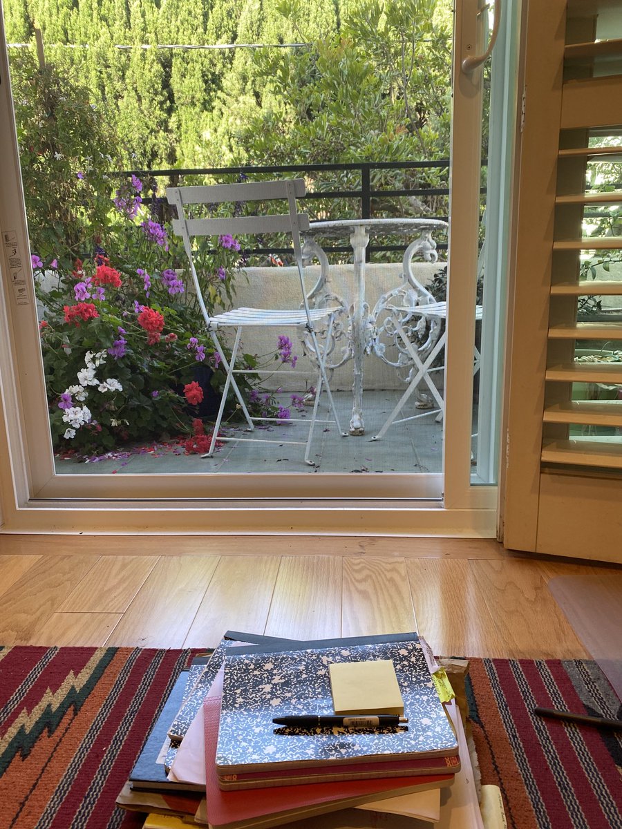 This is my view from my little writing corner. It’s summer, some ideas are in piles of notebooks before me, beyond, blue skies and flowers of LA, and above, infinite possibilities.