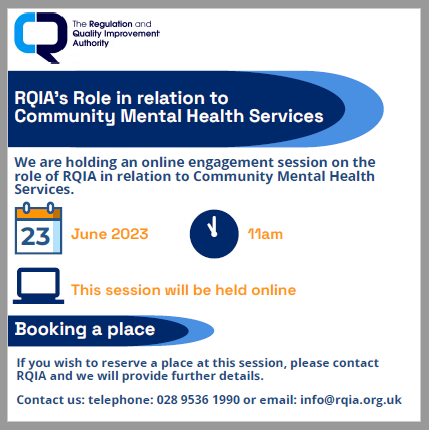 RQIANews's tweet photo. We are holding an online engagement event on RQIA's role in relation to Community Mental Health Services on Friday 23 June. If you wish to reserve a place, please email: info@rqia.org.uk. https://t.co/oLCBxxOiNz