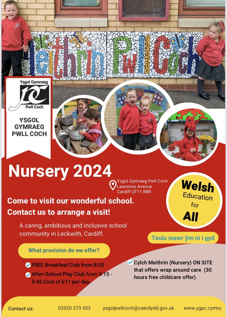 YsgolPwllCoch's tweet image. Are you looking for a Nursery place for your child for January 2024? Come visit our fabulous school before the July deadline! Please retweet!