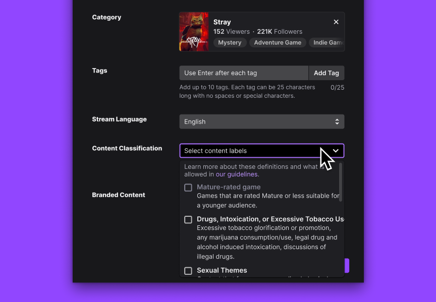 LowcoTV's tweet image. Twitch is replacing the "Mature Content" toggle with detailed labels to better classify streams.

Streamers must accurately label their content to avoid warnings. After July 20th, failure to accurately label your stream with repeated warnings will lead to locked-in labels.