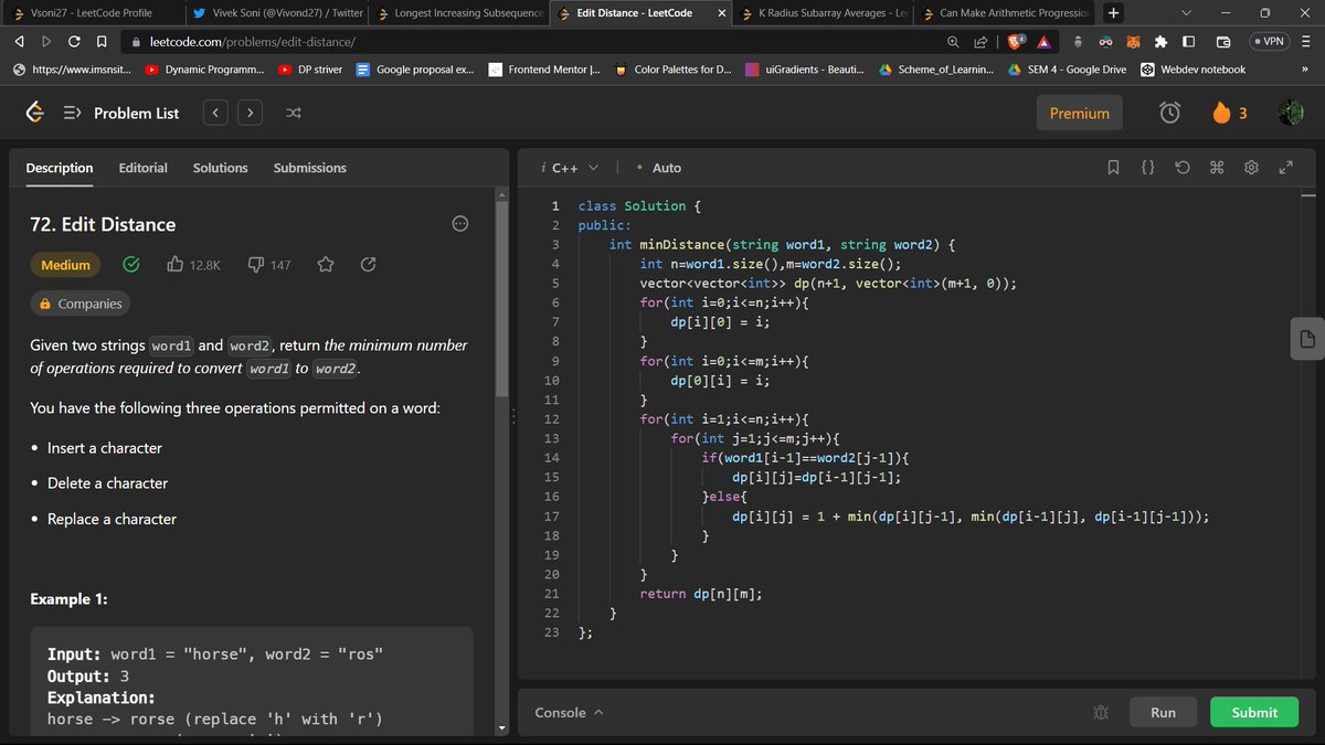 Vivond27's tweet photo. Day 27 of #100DaysOfCode 
Solved some basic leetcode problems
- LIS
- Edit Distance
- K Radius Subarray average
- Can make AP https://t.co/XRCwR9QPCY