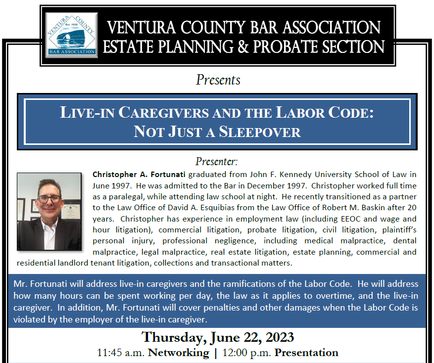 VCBA1's tweet photo. The VCBA EPP Section is hosting a virtual MCLE this Thur. 6/22 at noon titled, “Live-In Caregivers and the Labor Code: Not Just a Sleepover”. Hope you can join us.
Ways to register: (805) 650-7599, vcba@vcba.org and VCBA Calendar https://t.co/R1RywD9Z6t https://t.co/gQcJBbiS9A