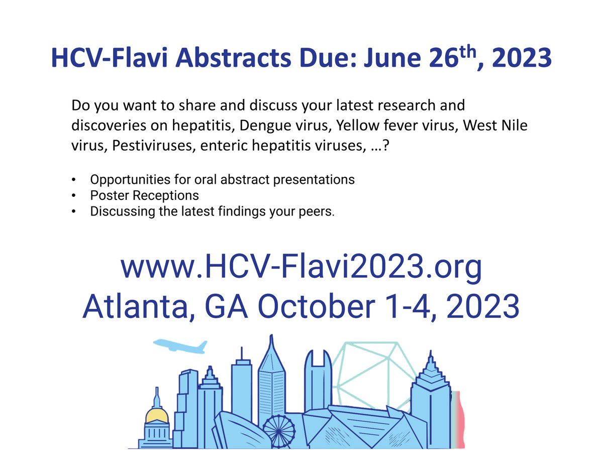 6 days until abstracts submissions close.  Please submit your abstract as soon as possible.  hcv-flavi2023.org.  . 

#hepC #hepatitisC #flavivirus #dengue #westnile #yellowfever
Accepted Academic and Trainee Abstracts will be  granted early registration discounts.