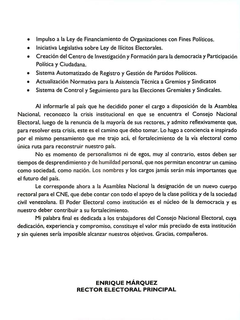 ENRIQUEMARQUEZP's tweet photo. Hago pública mi decisión de poner a la orden de la Asamblea Nacional el cargo de Rector Electoral Principal que ocupo desde el mes de mayo de 2021. https://t.co/KIB2X6Opru