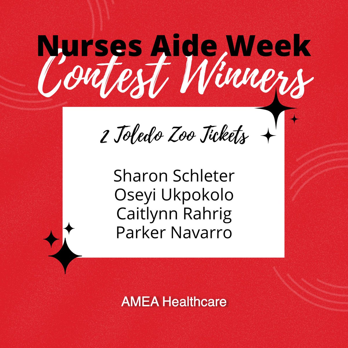 In celebration of National Nurses Aide Week, June 15-21, we are giving away prizes! The winners of our next drawing are Sharon Schleter, Oseyi Ukpokolo, Caitlynn Rahrig, and Parker Navarro!

Congratulations!

#NationalNursesAideWeek #Giveaway #AMEAHealthcare #HealthcareStaffing