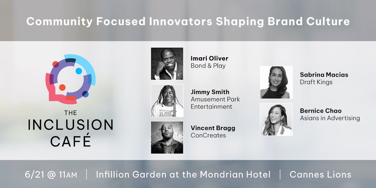 Get ready for #InfillionAtCannes’ “Community Focused Innovators Shaping Brand Culture” Inclusion Café panel, where industry powerhouses will share best practices for elevating brands while maintaining loyalty to their communities. bit.ly/42EeUiY  
#CannesLions2023 #brand