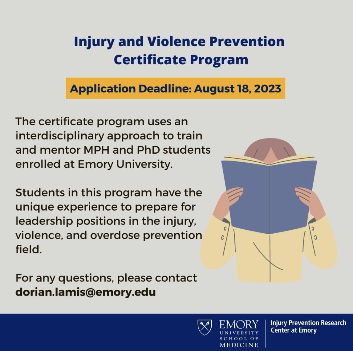Do you have an interest in injury and violence prevention? Apply to our injury and violence certificate program, where MPH and Ph.D. students learn more about connecting students to a broad network of injury and violence prevention practitioners and organizations.