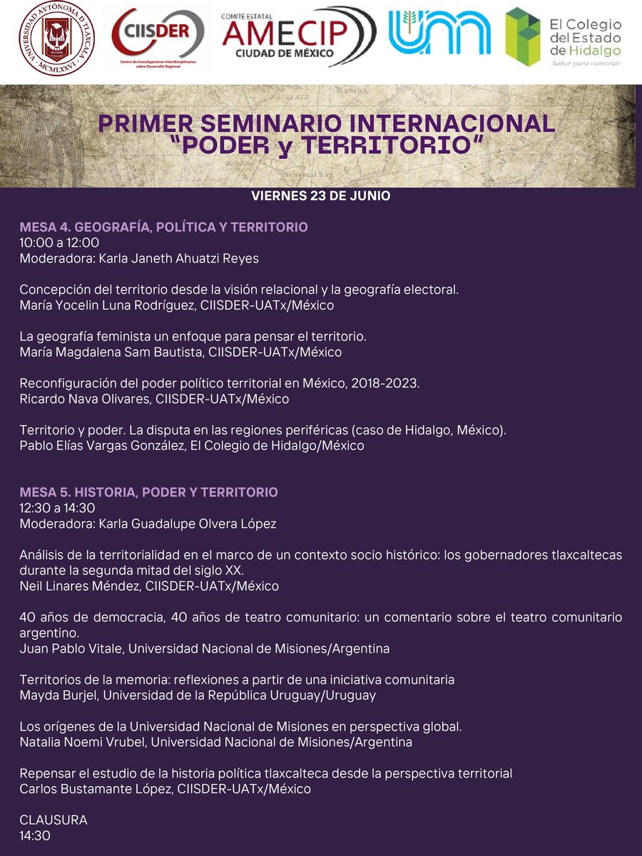 Nos vemos en el Primer Seminario Internacional "Poder y Territorio "
Aquí el programa completo

Registro: docs.google.com/forms/d/e/1FAI…

#somosciisder #somosuatx
