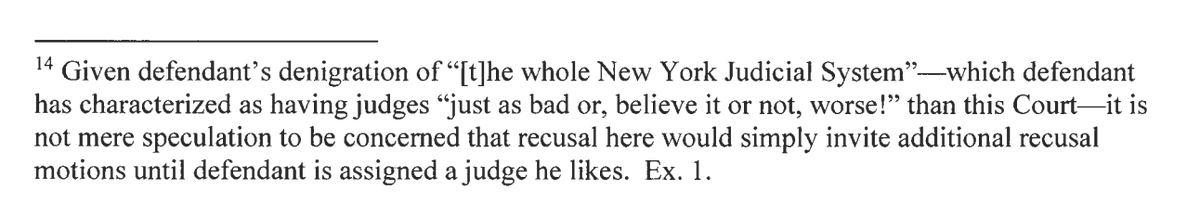 KlasfeldReports's tweet photo. Manhattan DA's office just responded to Trump's bid to recuse the judge in his hush-money case. 

In a footnote, the DA notes that Trump's denigrated the "whole New York Judicial System"—and argues he'd keep vetoing until he gets a "judge he likes." #AlwaysReadTheFootnotes https://t.co/MS44PxVa2s