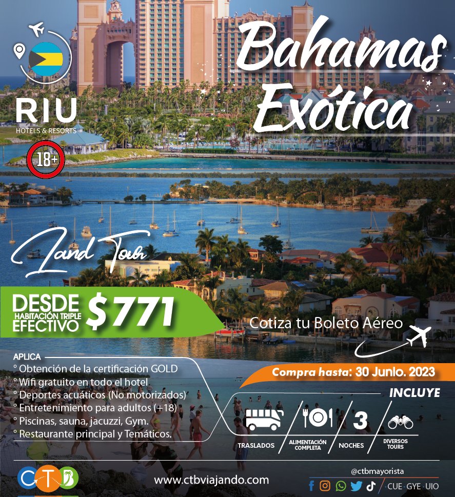BAHAMAS EXÓTICA
(Land Tour: 4 DÍAS - 3 Noches)

Compra aquí todos los destinos en tu Agencia favorita
ctbviajando.com/agencias-de-vi…

#bahamas #bahamascruise #bahamaslife #bahamasbound #Bahamasstrong #bahamascarnival #bahamashairstylist #bahamasjunkanoocarnival #bahamasmua #bahamasbaby