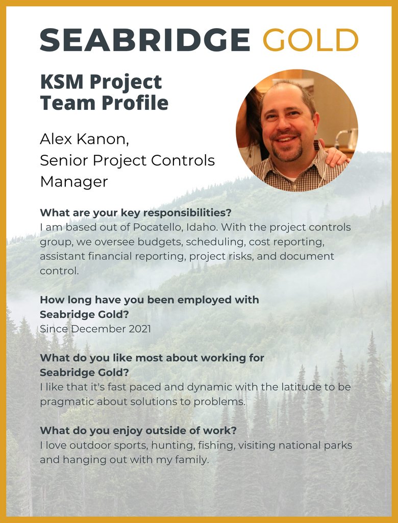 SeabridgeInc's tweet photo. #TuesdayTeamFeature Alex Kanon plays a key role in the financial management of the #KSM Integrated Project. Learn more about his valuable contributions.
#TeamProfile #Seabridge #KSMProject
#EmployeeAppreciation #mininginBC #mining #MininginCanada https://t.co/Ixio6tY8r3