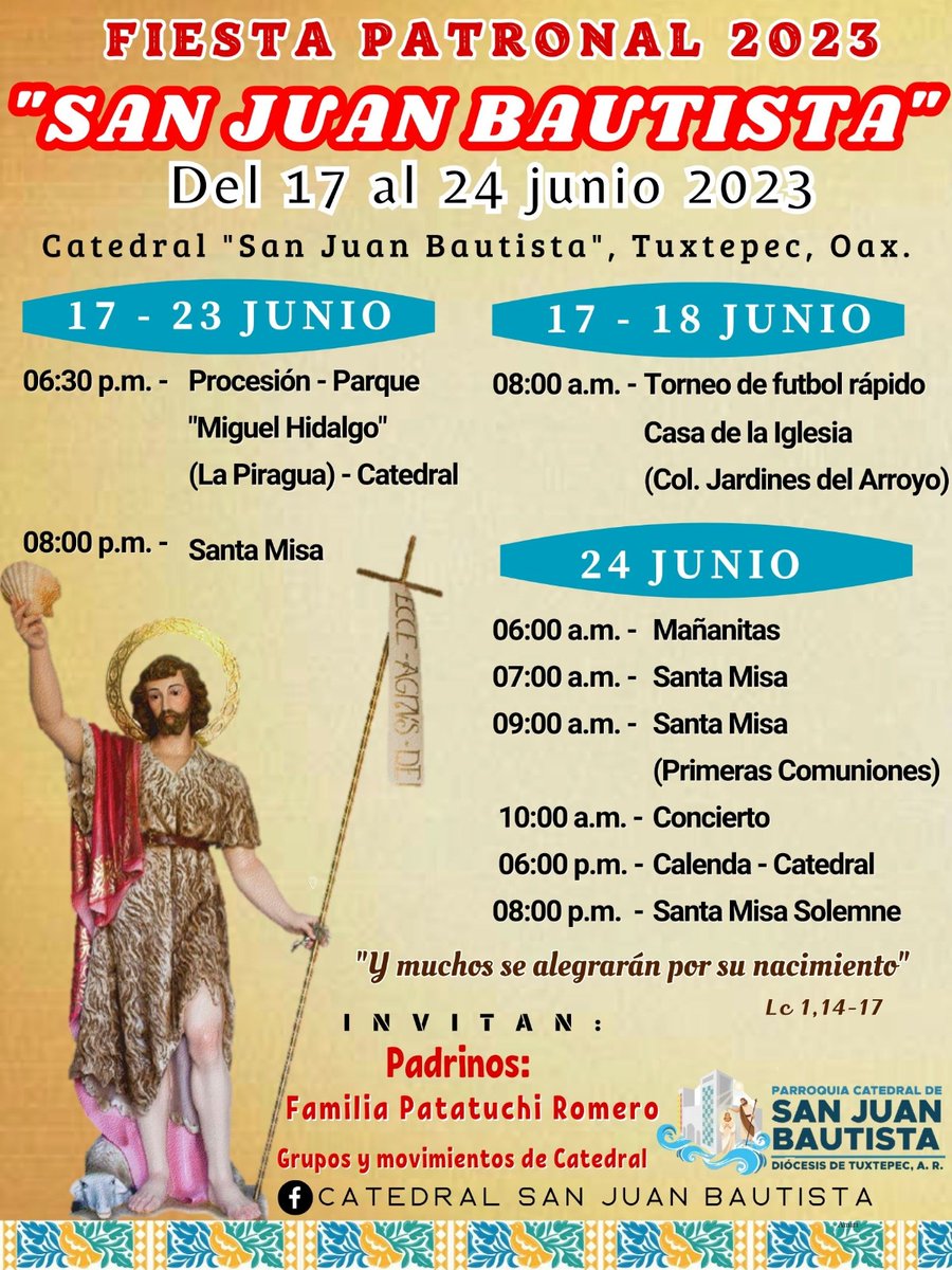 Fiesta patronal de San Juan Bautista 2023

La Catedral de San Juan Bautista en Tuxtepec te invita a participar en las festividades en honor al patrón de la Diócesis de Tuxtepec 

#Tuxtepec #SanJuanBautista #Catedral