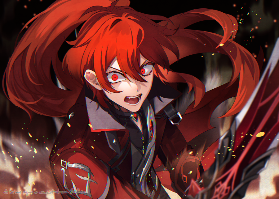 diluc (genshin impact) red eyes 1boy male focus weapon red hair sword open mouth  illustration images