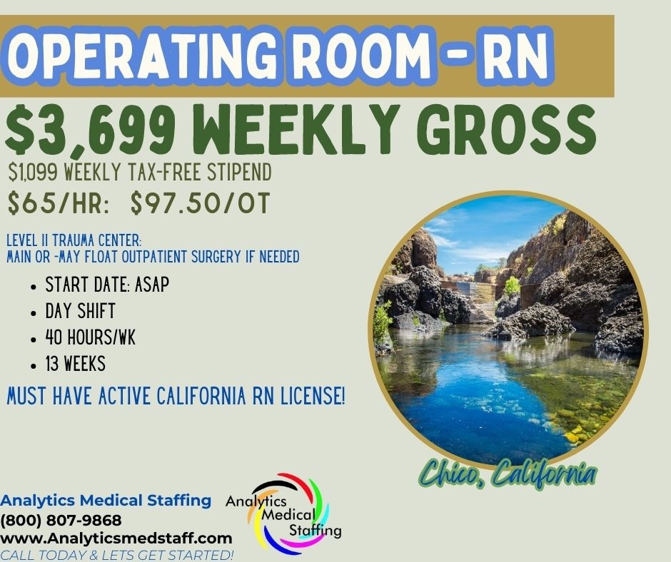 Check out this amazing opportunity in Chico, CA! Call or Text 800-807-9868 to get connected with a recruiter today! #recruiter #travelrnjobs #travelrn #travelnursejobs #travelnursing