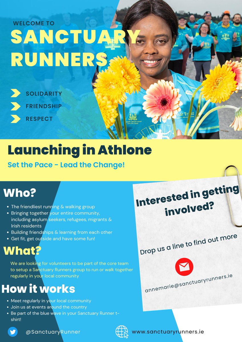 Sanctuary Runners, a solidarity through sport initiative that uses running, jogging or walking to bring communities together, are launching in #Athlone. Email annemarie@sanctuaryrunners.ie for more information @SanctuaryRunner 

#Irelandisforall #SanctuaryRunners