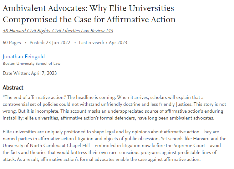 still so disappointed that Harvard and UNC didn't zealously defend their own policies. 
#AffirmativeAction &amp; all it represents deserves more than these lukewarm ambivalent advocates. 
➡️papers.ssrn.com/sol3/papers.cf…