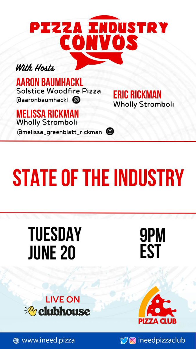 Check out Pizza Industry Convos in the Pizza Club this week.  On Tuesday, June 20, 2023, at 9pm EST/6pm PST. Join Aaron Baumhackl, Melissa Rickman and Eric Rickman. 

clubhouse.com/invite/J39YZosR 

#pizza #restaurants #foodindustry

<a href="/Clubhouse/">Clubhouse</a> <a href="/AaronBaumhackl/">Aaron Baumhackl</a>