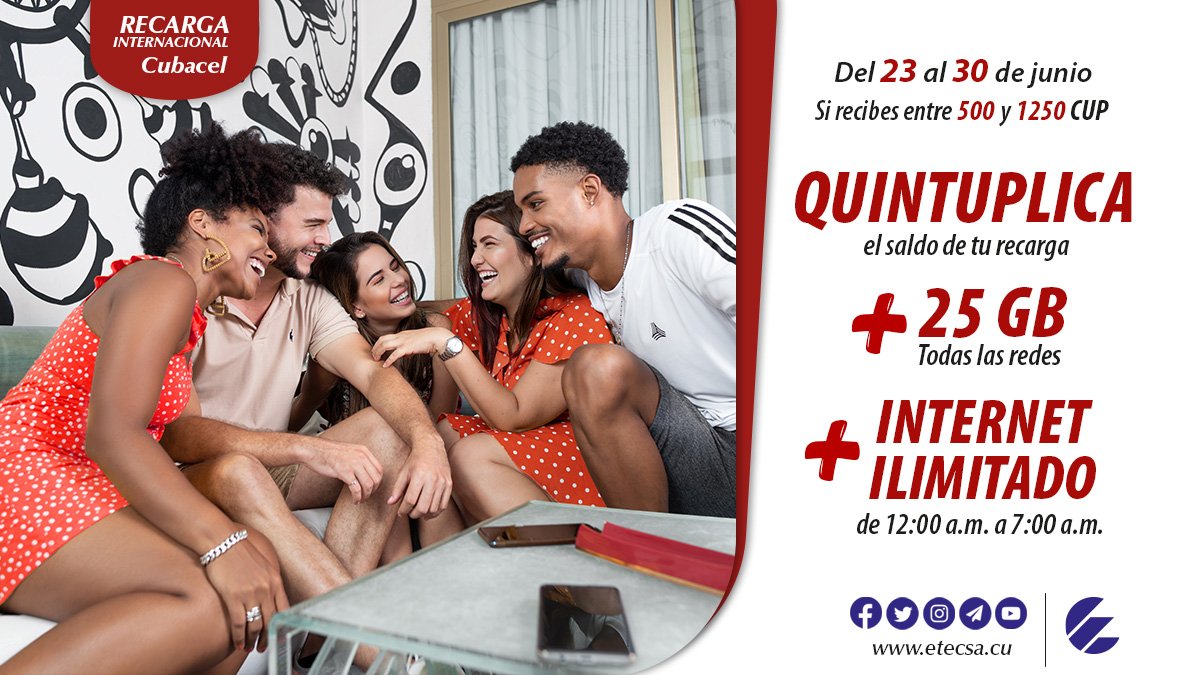 #Promoción
Si recibes una recarga internacional del 23 al 30 de junio entre 500 y 1250 CUP obtendrás:
✅el QUÍNTUPLE del saldo recargado en tu saldo principal
✅25GB para uso en todas las redes, e INTERNET ILIMITADO de 12am a 7am válidos por 30 días 
ℹ️etecsa.cu/promocion/reca…