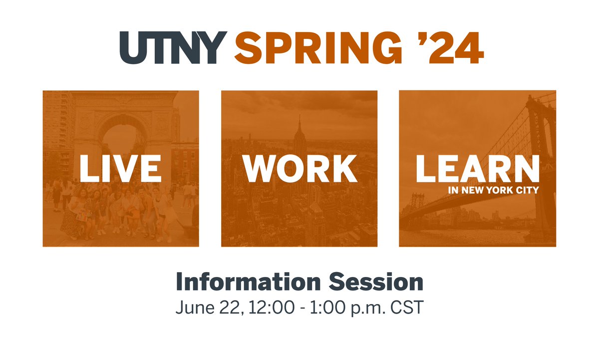 The final deadline to apply to spend the spring 2024 semester at UTNY is July 1! Learn more about the application process at the upcoming information session happening this Thursday, June 22 at noon CST.

RSVP: bit.ly/utnyspring24