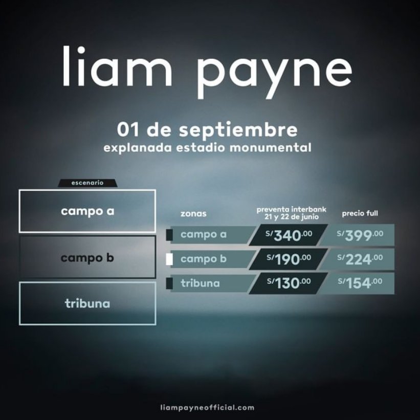 Oficialmente LIAM PAYNE EN PERU!🇵🇪 Los precios son estos 💖 MAÑANA PREVENTA! Gracias @teleticketperu @masterliveperu @LiamPayne