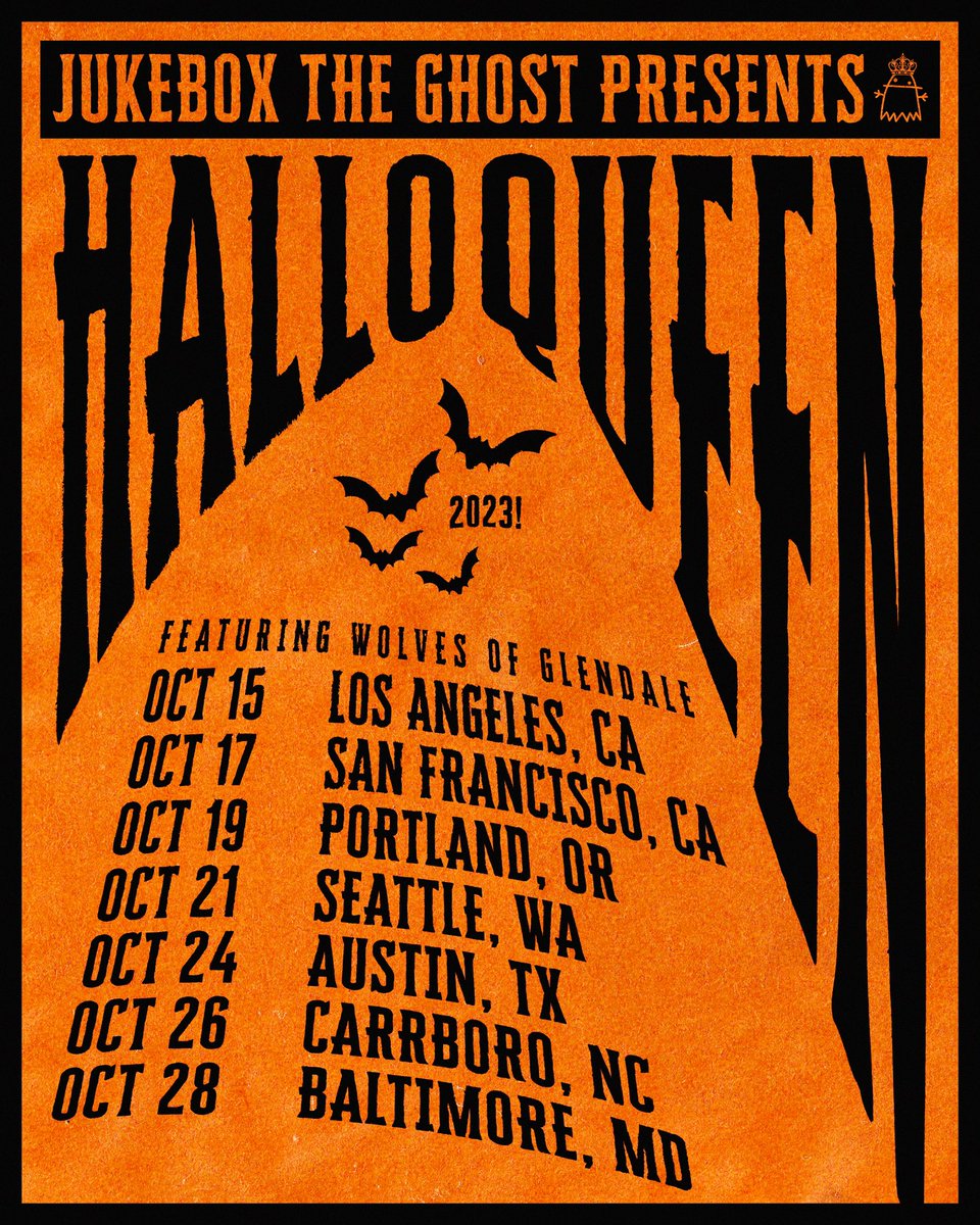 JukeboxtheGhost's tweet photo. SURPRISE!!! 🎃 HALLOQUEEN 2023 is happening this Fall, and we are going to SEVEN different cities!! We can’t wait to bring HalloQueen to all of these incredible places. https://t.co/I2TpBUrj3b