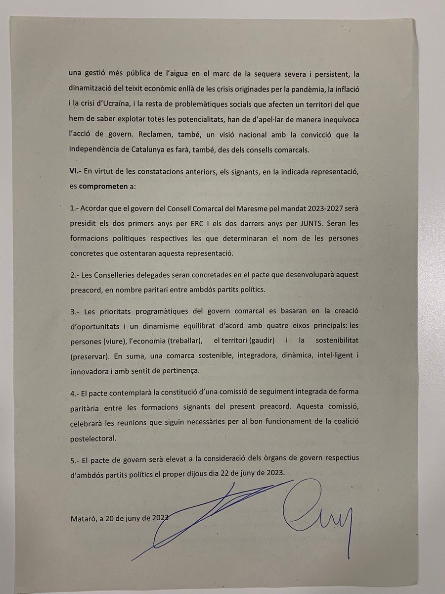 Acabem de signar un acord de governabilitat pel <a href="/ccmaresme/">CC Maresme</a> per al nou govern 2023-27, que fa valdre la tasca de govern del mandat que acaba i que està en sintonia amb els anhels del país 🔝

El #Maresme no és #Barcelona 

Més informació, i l'acord, aquí: shorturl.at/nGZ28
