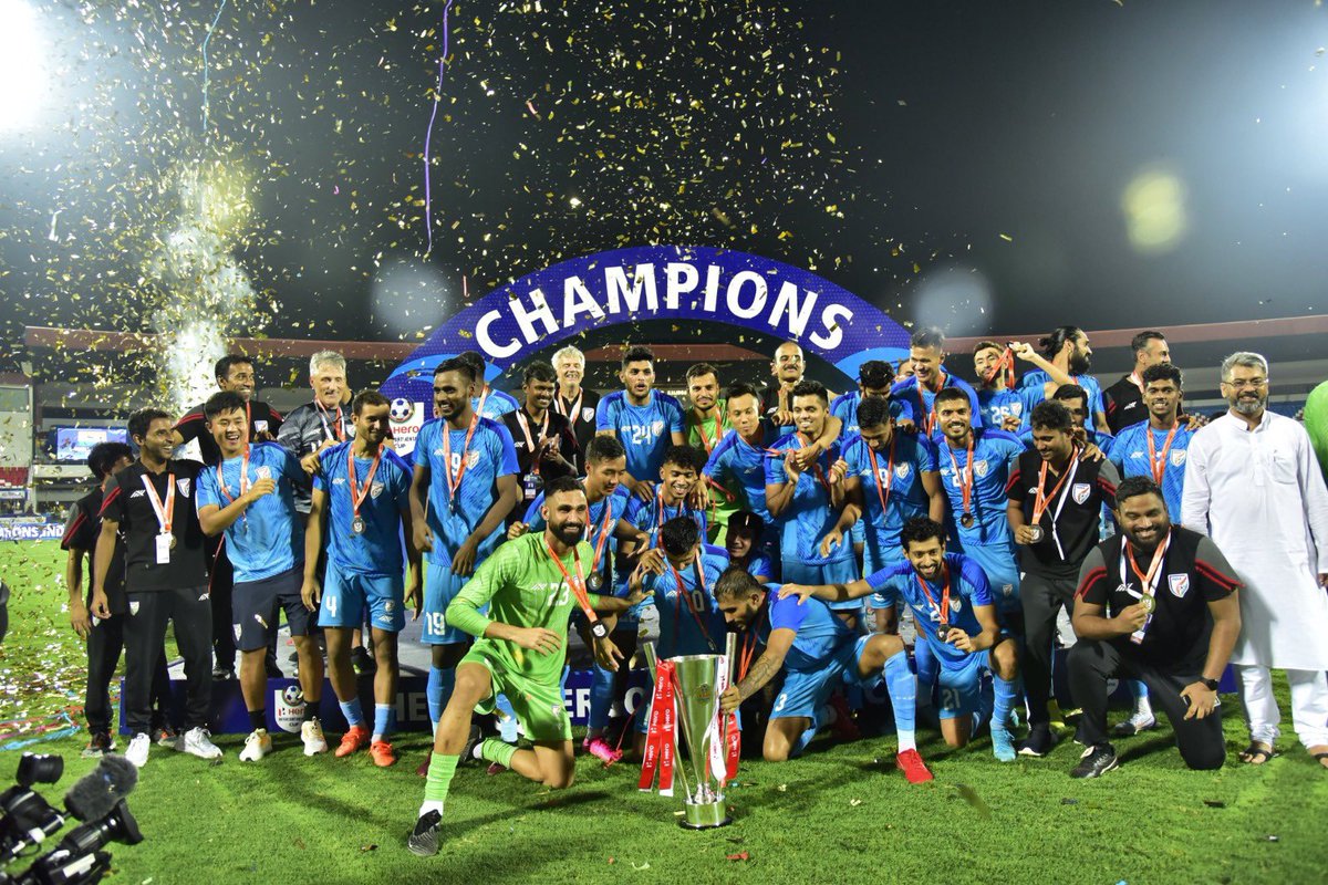 shayamalv's tweet photo. Great win by the boys @IndianFootball 
Super excited to have kicked off my gig with a trophy. 
The next big one - @SAFFCup starts on 21st with our match against Pakistan https://t.co/3yENz1MBHJ