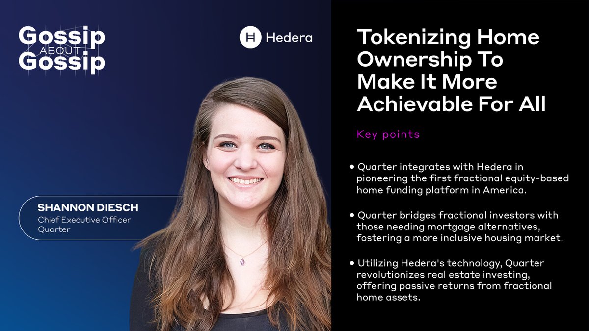 🏠Special thanks to Shannon Diesch, CEO of Quarter, for joining @zenobiaZAG on the podcast to discuss fractional equity-based home funding - making home ownership more affordable through the #tokenization and democratization of home equity on #Hedera.

🎙️hedera.com/podcast?wchann…